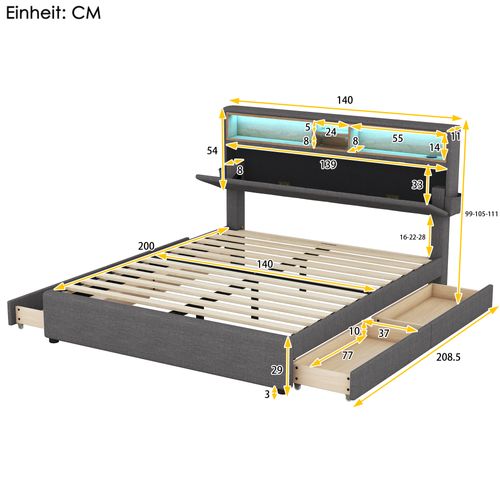 Lit Adulte 140x200cm Avec 4tiroirs, USB + LED, Tête De Lit De Rangement Réglable, Lin, Gris