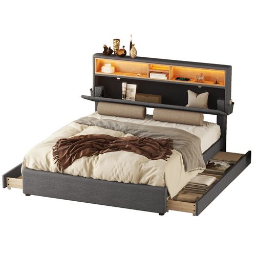 Lit Adulte 140x200cm Avec 4tiroirs, USB + LED, Tête De Lit De Rangement Réglable, Lin, Gris