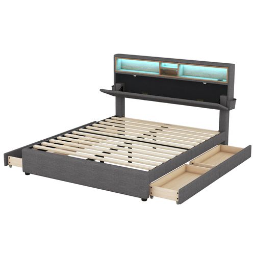 Lit Adulte 140x200cm Avec 4tiroirs, USB + LED, Tête De Lit De Rangement Réglable, Lin, Gris