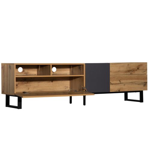 Meuble TV 180cm Avec 2 Portes, 2 Tiroirs De Rangement,naturel + Gris Foncé