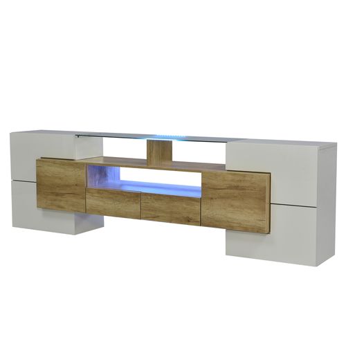 Meuble TV 200cm Avec LED, 2 Tiroirs De Rangement Meubles De Salon, Blanc Brillant Et Naturel