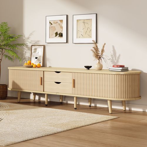 Meuble TV 175cm Avec 2 Portes Coulissantes Et 2 Tiroirs, Naturel Clair