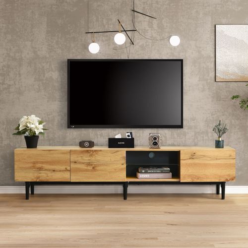 Meuble TV 175cm Avec Lde, 3 Portes,naturel Clair, Pieds Noir