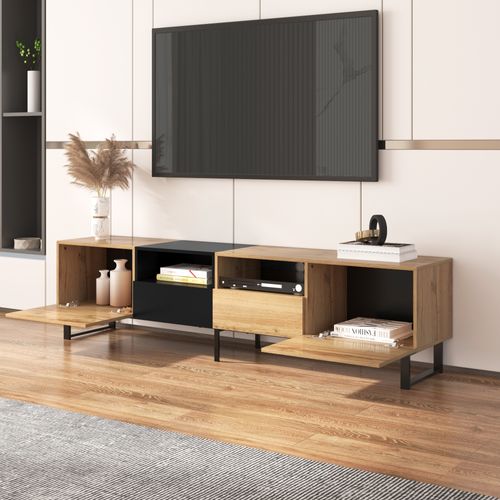 Meuble TV 190cm Avec 2 Portes, 2 Tiroirs,meubles De Salon, Naturel+noir