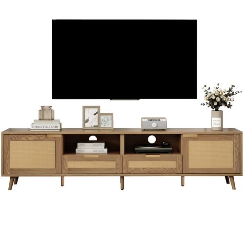Meuble TV 200cm Avec 2 Tiroirs De Rangement, 2 Portes, Naturel