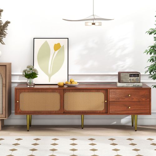 Meuble TV Marron 160cm Avec 2 Portes Et 2 Tiroirs De Rangement Meubles De Salon