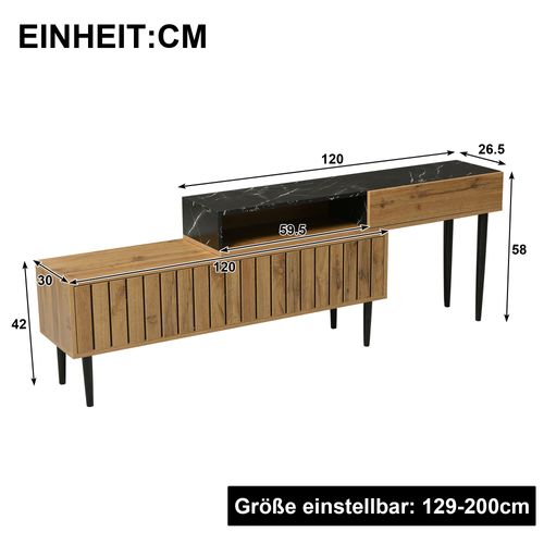 Meuble TV 129-200x30x58cm, Rangements, Mdf, Placage Marbre + Motif Veinage Bois