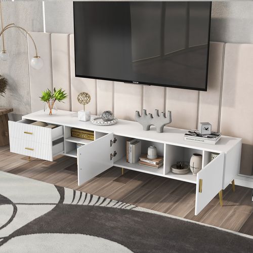 Meuble TV Blanc 180cm Avec 2 Portes, 2 Tiroirs De Rangement, Pieds En Métal Doré