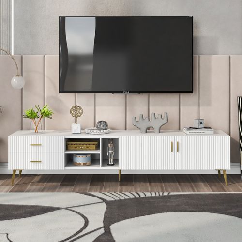 Meuble TV Blanc 180cm Avec 2 Portes, 2 Tiroirs De Rangement, Pieds En Métal Doré