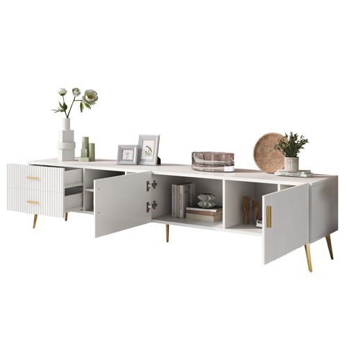 Meuble TV Blanc 180cm Avec 2 Portes, 2 Tiroirs De Rangement, Pieds En Métal Doré