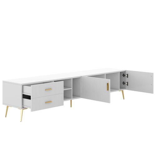Meuble TV Blanc 180cm Avec 2 Portes, 2 Tiroirs De Rangement, Pieds En Métal Doré