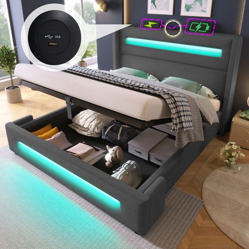 Lit 160x200cm Lit Coffre Adulte Tissu En Lin, LED Et USB Type-c, Gris, Sommier à Lattes