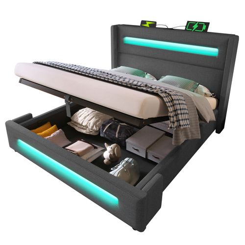 Lit 160x200cm Lit Coffre Adulte Tissu En Lin, LED Et USB Type-c, Gris, Sommier à Lattes