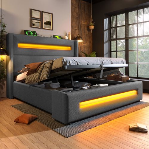 Lit 180x200cm Lit Coffre Adulte Tissu En Lin, LED Et USB Type-c, Gris, Sommier à Lattes