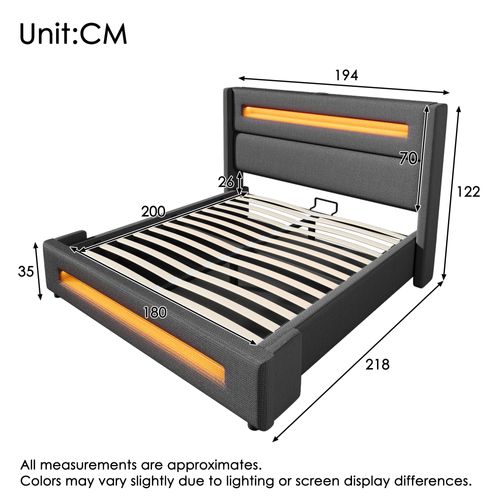 Lit 180x200cm Lit Coffre Adulte Tissu En Lin, LED Et USB Type-c, Gris, Sommier à Lattes