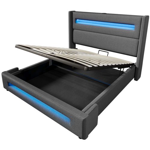 Lit 180x200cm Lit Coffre Adulte Tissu En Lin, LED Et USB Type-c, Gris, Sommier à Lattes