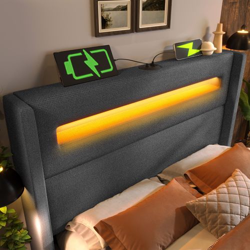 Lit 180x200cm Lit Coffre Adulte Tissu En Lin, LED Et USB Type-c, Gris, Sommier à Lattes