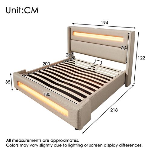 Lit 180x200cm Lit Coffre Adulte Tissu En Lin, LED Et USB Type-c, Beige, Sommier à Lattes