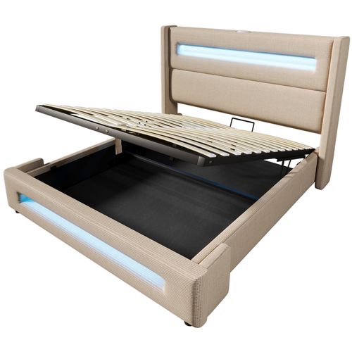 Lit 180x200cm Lit Coffre Adulte Tissu En Lin, LED Et USB Type-c, Beige, Sommier à Lattes