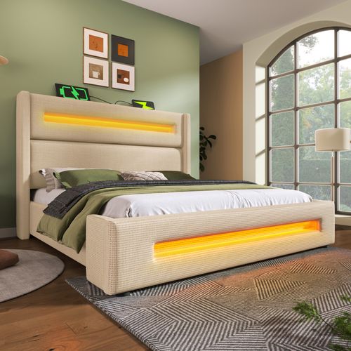 Lit 180x200cm Lit Coffre Adulte Tissu En Lin, LED Et USB Type-c, Beige, Sommier à Lattes