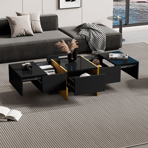 Table Basse Rectangle Noir Avec 2 Tiroirs Et 2 Compartiments Cachés, Noir Et Doré