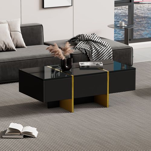 Table Basse Rectangle Noir Avec 2 Tiroirs Et 2 Compartiments Cachés, Noir Et Doré
