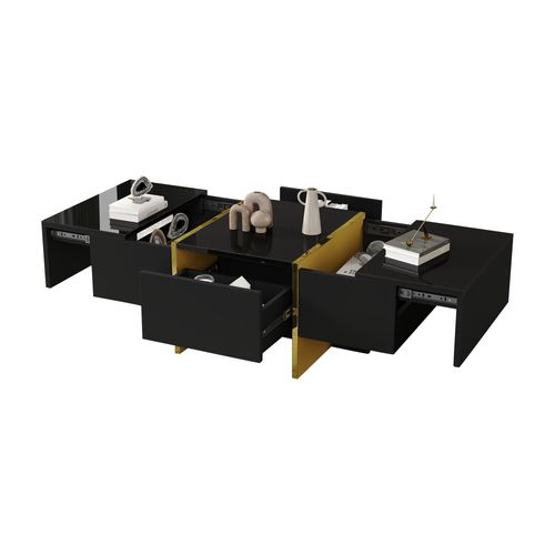 Table Basse Rectangle Noir Avec 2 Tiroirs Et 2 Compartiments Cachés, Noir Et Doré