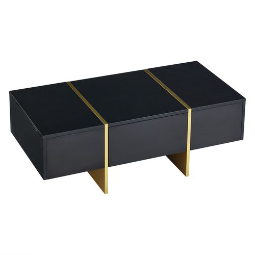Table Basse Rectangle Noir Avec 2 Tiroirs Et 2 Compartiments Cachés, Noir Et Doré