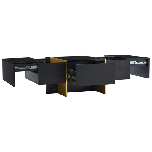 Table Basse Rectangle Noir Avec 2 Tiroirs Et 2 Compartiments Cachés, Noir Et Doré