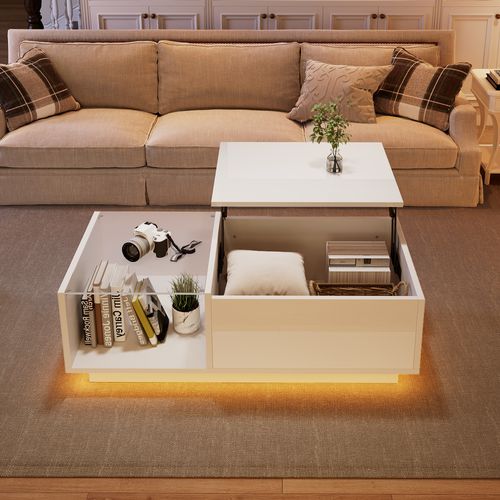 Table Basse Brillant Blanc LED Avec Plateau Relevable, Rangement Intégré