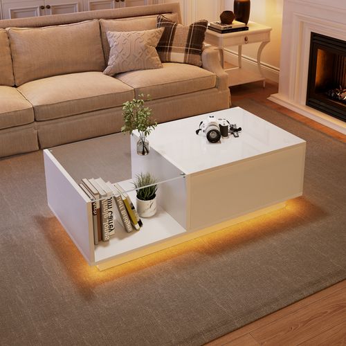 Table Basse Brillant Blanc LED Avec Plateau Relevable, Rangement Intégré