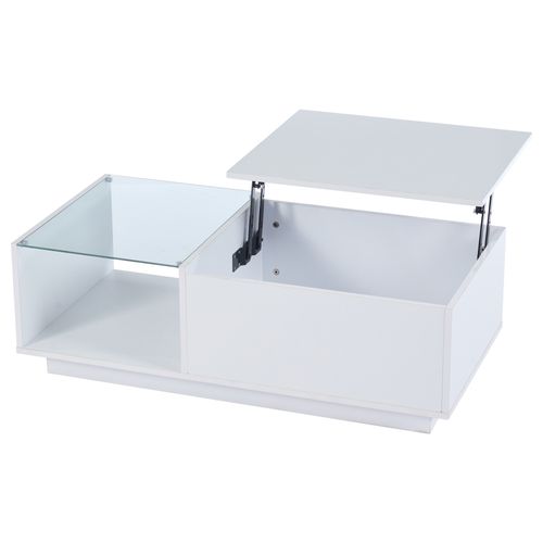 Table Basse Brillant Blanc LED Avec Plateau Relevable, Rangement Intégré