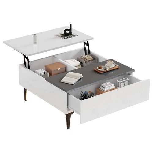 Table Basse LED Carré Blanc Avec Plateau Relevable, 1 Tiroir Et Compartiments Caché