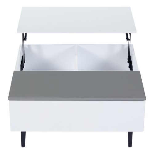 Table Basse LED Carré Blanc Avec Plateau Relevable, 1 Tiroir Et Compartiments Caché