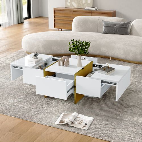 Table Basse Rectangle Blanc Avec 2 Tiroirs Et 2 Compartiments Cachés, Blanc Et Doré
