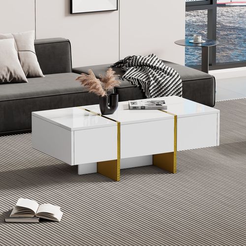 Table Basse Rectangle Blanc Avec 2 Tiroirs Et 2 Compartiments Cachés, Blanc Et Doré