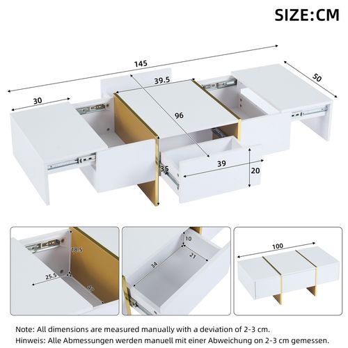 Table Basse Rectangle Blanc Avec 2 Tiroirs Et 2 Compartiments Cachés, Blanc Et Doré