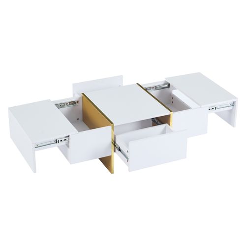 Table Basse Rectangle Blanc Avec 2 Tiroirs Et 2 Compartiments Cachés, Blanc Et Doré