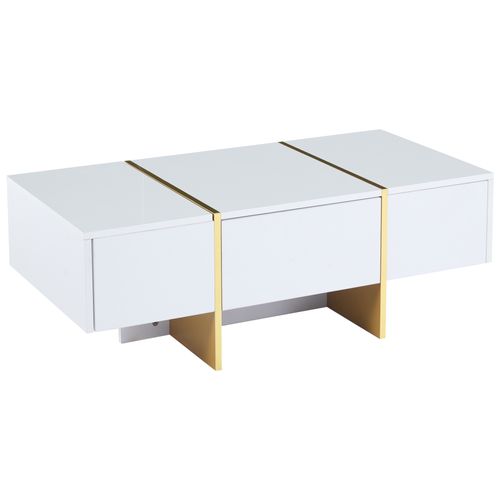 Table Basse Rectangle Blanc Avec 2 Tiroirs Et 2 Compartiments Cachés, Blanc Et Doré