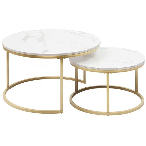 Table Basse Gigogne Ronde Blanc, Lot De 2 Cadre En Métal Doré, Placage Effet Marbre
