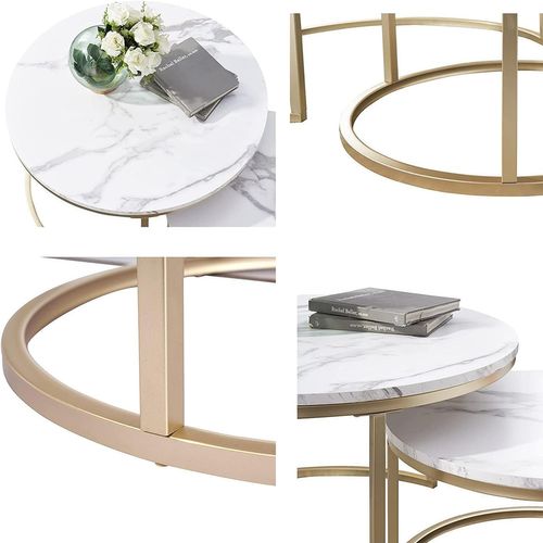 Table Basse Gigogne Ronde Blanc, Lot De 2 Cadre En Métal Doré, Placage Effet Marbre