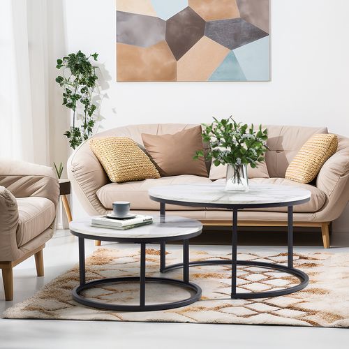 Table Basse Gigogne Ronde Blanc+noir, Lot De 2 Cadre En Métal Noir, Placage De Marbre