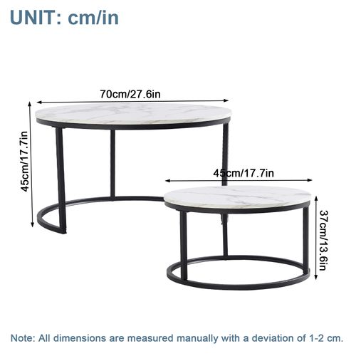 Table Basse Gigogne Ronde Blanc+noir, Lot De 2 Cadre En Métal Noir, Placage De Marbre