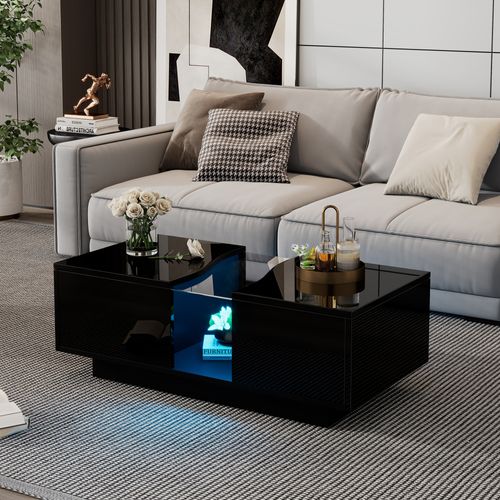 Table Basse LED Brillant Rectangulaire Noir Avec 2 Tiroirs De Rangement, Mdf