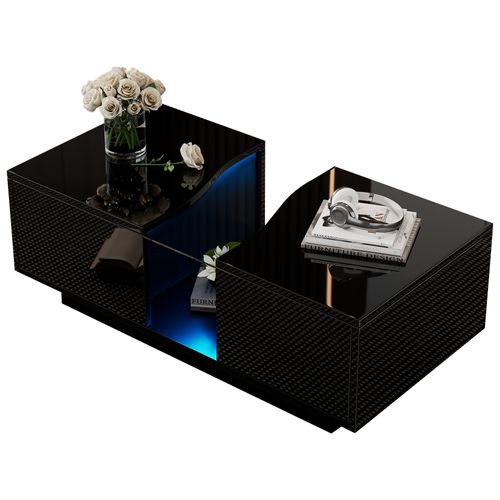 Table Basse LED Brillant Rectangulaire Noir Avec 2 Tiroirs De Rangement, Mdf