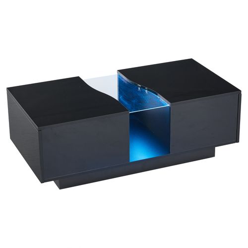 Table Basse LED Brillant Rectangulaire Noir Avec 2 Tiroirs De Rangement, Mdf