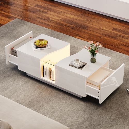 Table Basse LED Brillant Rectangulaire Blanc Avec 2 Tiroirs De Rangement, Mdf