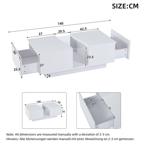 Table Basse LED Brillant Rectangulaire Blanc Avec 2 Tiroirs De Rangement, Mdf