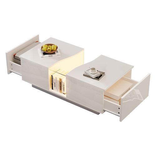 Table Basse LED Brillant Rectangulaire Blanc Avec 2 Tiroirs De Rangement, Mdf