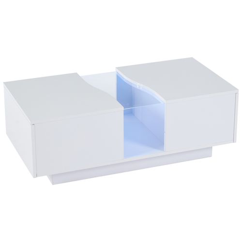 Table Basse LED Brillant Rectangulaire Blanc Avec 2 Tiroirs De Rangement, Mdf